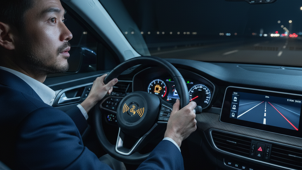 Obraz pokazujący Japończyka prowadzącego auto