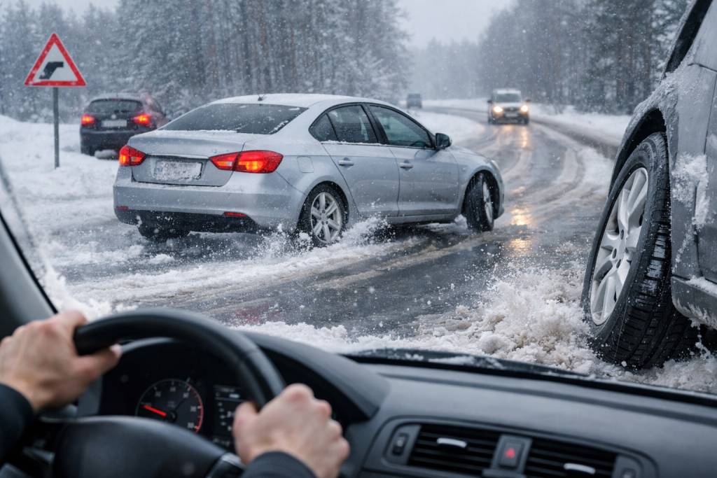Na obrazie widoczna jest realistyczna scena drogowa w warunkach zimowych