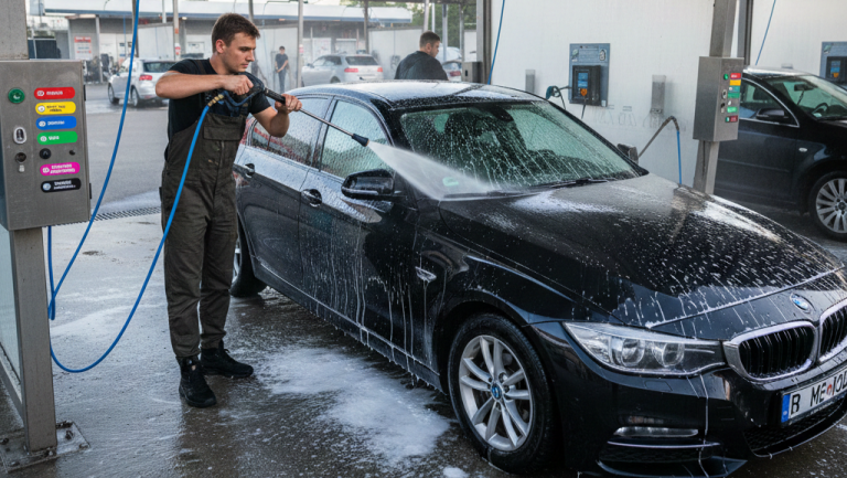 Obraz przedstawia realistyczną scenę na nowoczesnej, zadaszonej myjni samoobsługowej