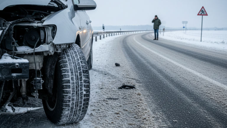 Obraz przedstawia realistyczną i surową scenę po kolizji drogowej w warunkach zimowych, utrzymaną w chłodnej, szarej kolorystyce