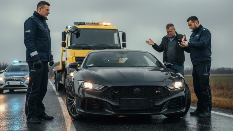 braz przedstawia scenę na poboczu drogi w pochmurny, prawdopodobnie deszczowy dzień