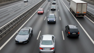 Obraz przedstawia realistyczny widok na wielopasmową autostradę z perspektywy wiaduktu