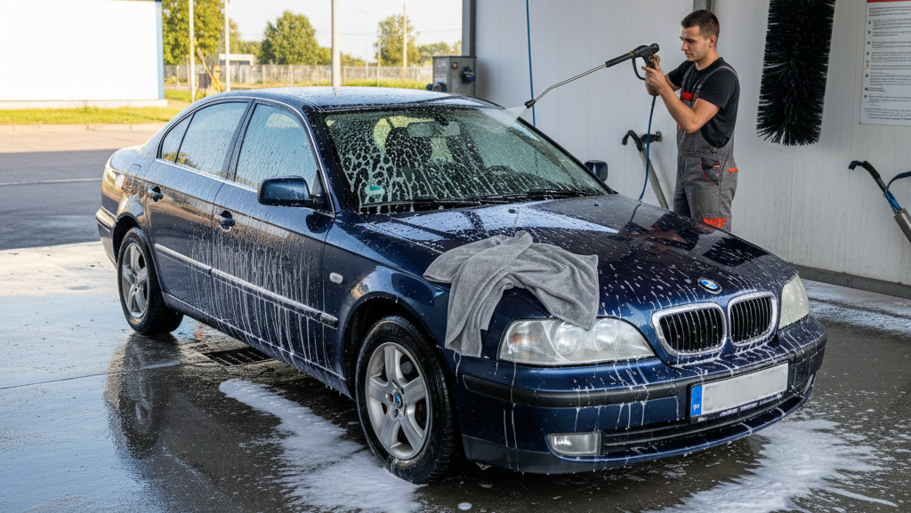 Grafika przedstawia realistyczną scenę na zewnętrznej myjni samoobsługowej w pogodny dzień