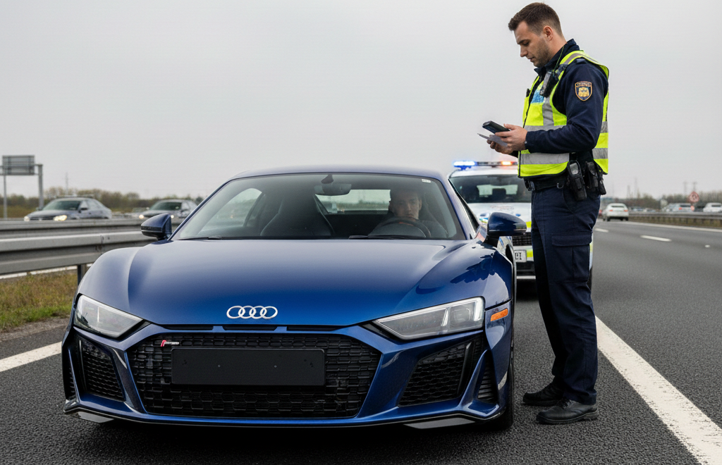 Obraz przedstawia realistyczną scenę kontroli drogowej na poboczu drogi szybkiego ruchu lub autostrady w pochmurny dzień