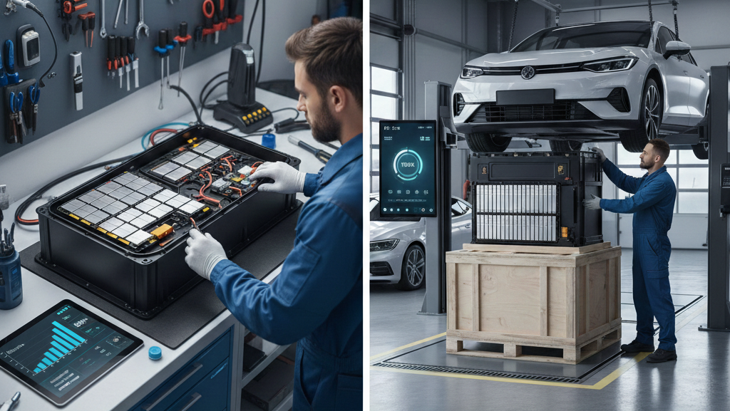 Grafika jest podzielona pionową białą linią na dwie sekcje, które realistycznie przedstawiają profesjonalne środowisko warsztatowe